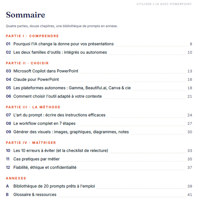 IA PowerPoint : 12 chapitres sur Copilot, Claude et Gamma