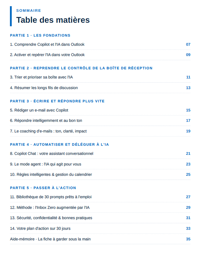 Page intérieure du guide Outlook IA avec prompts Copilot prêts à l'emploi