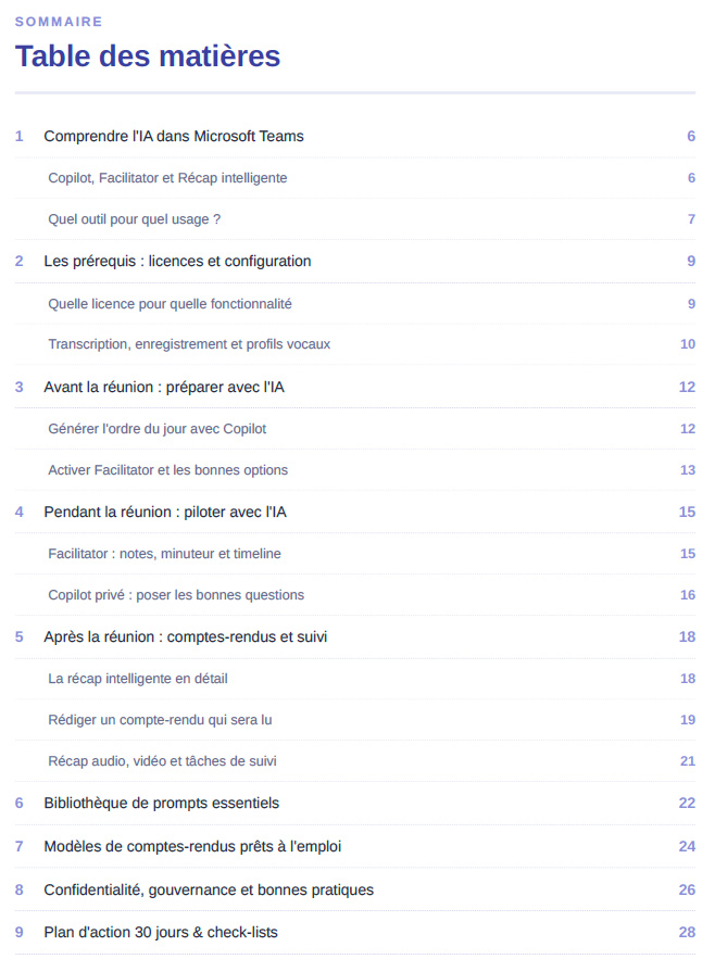 sommaire ebook Maîtriser Microsoft Teams avec l'IA » sur la gestion des réunions et comptes-rendus avec Copilot